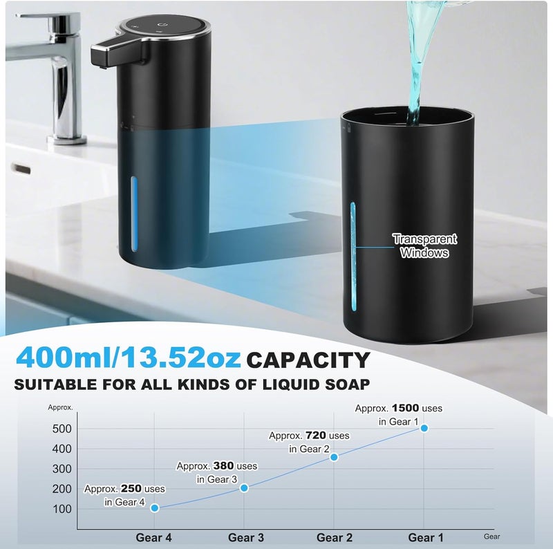 GURITHE 2 Pack Automatic Soap Dispenser: 13.52oz/400ml Wall Touchless Liquid - 4-Level Adjustable Modern Electric Hand Soap Dispenser - Kitchen Bathroom Kids Family Black - Image 5